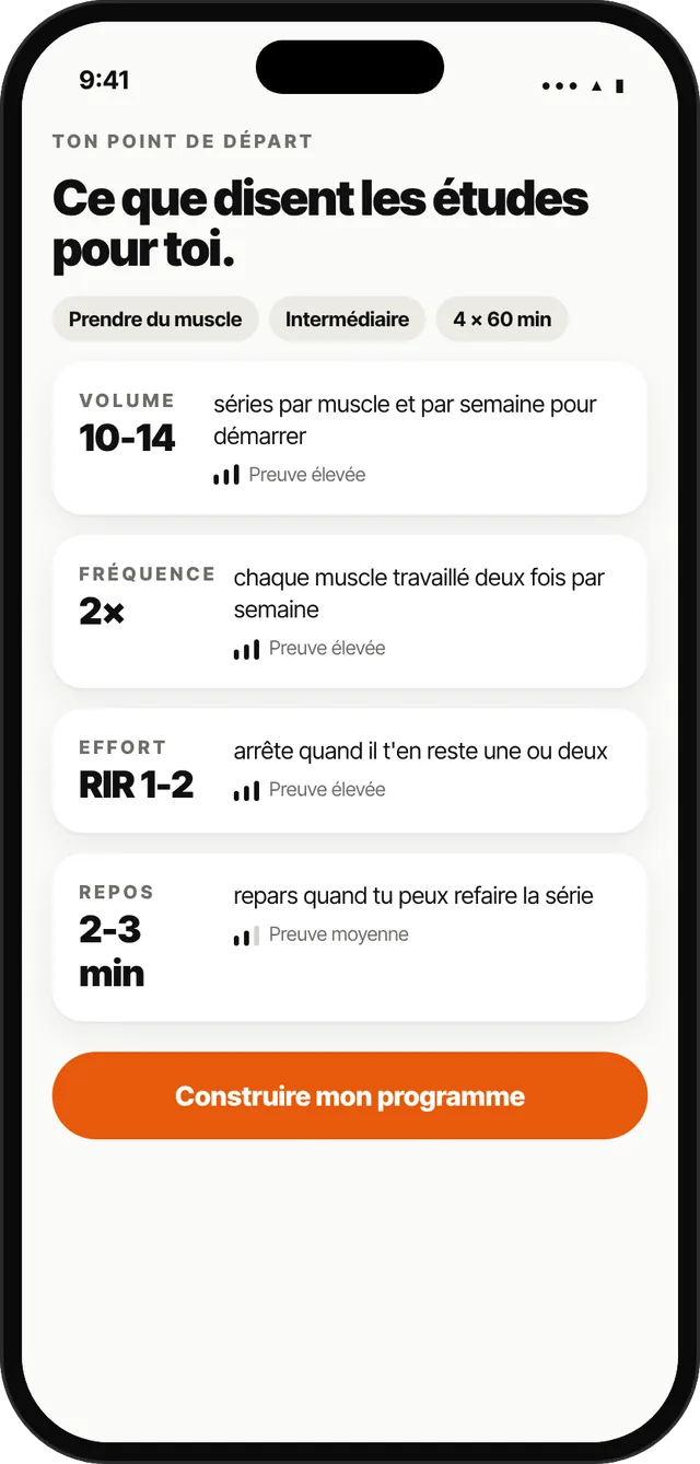 Écran de l'app SBL : ce que disent les études pour toi, avec volume, fréquence, effort et repos