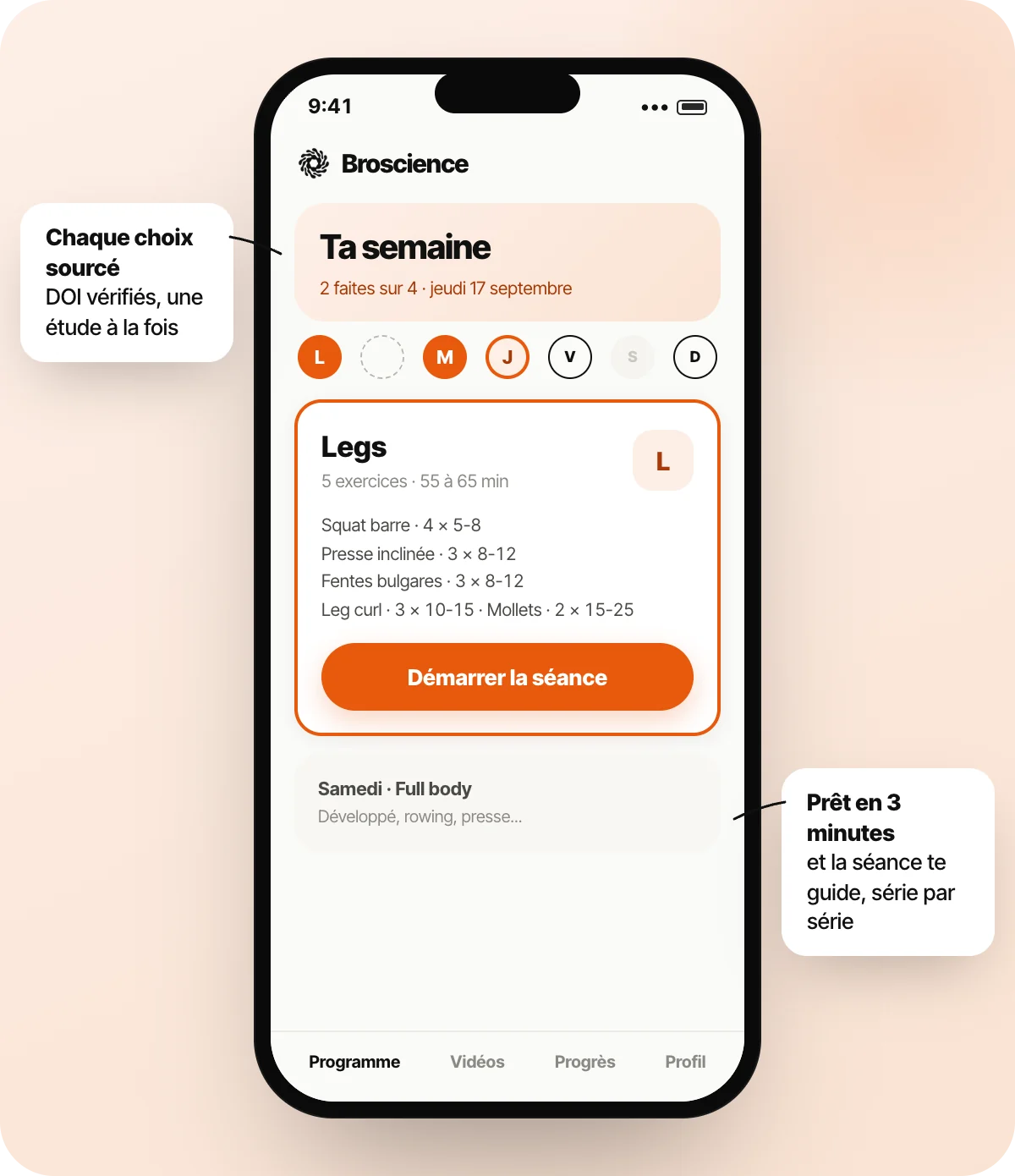 L'accueil de l'app : la semaine en anneaux et la séance du jour, prête à démarrer