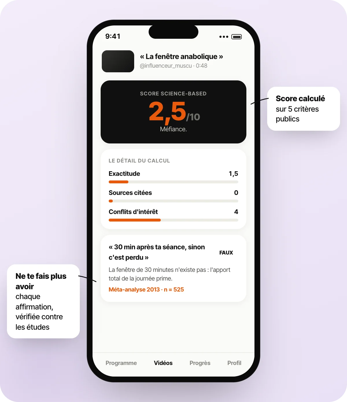 Le verdict d'une analyse de vidéo : le score sur 10, le détail du calcul et les sources