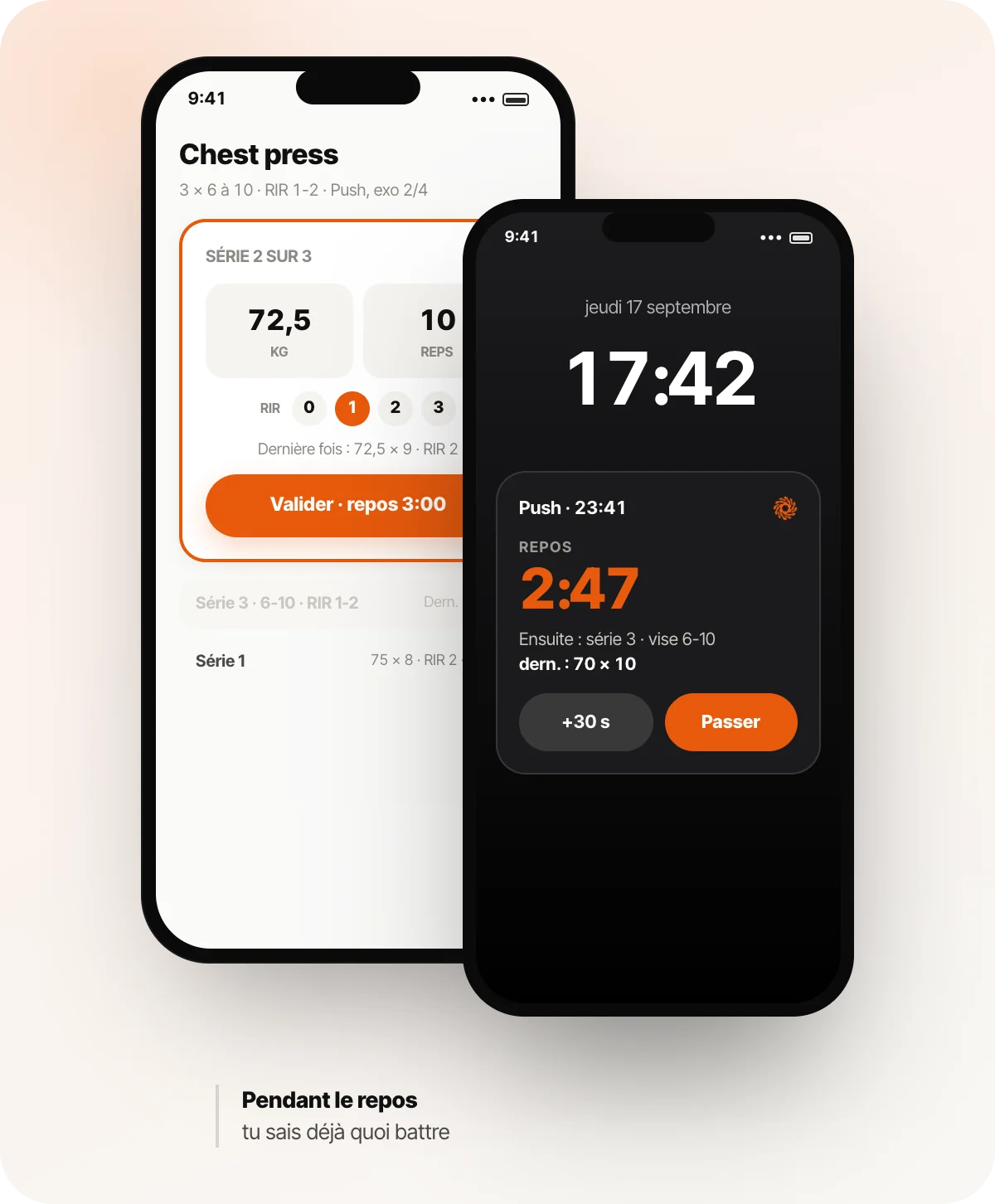 La page de série dans l'app, et l'écran verrouillé pendant le temps de repos